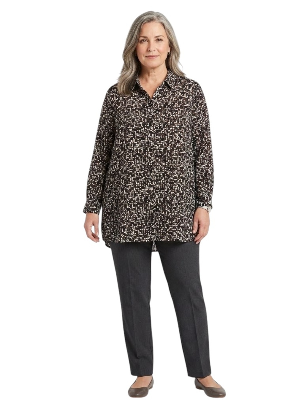 Foxcroft Brown and Black Geometric Print Button Down Tunic Blouse